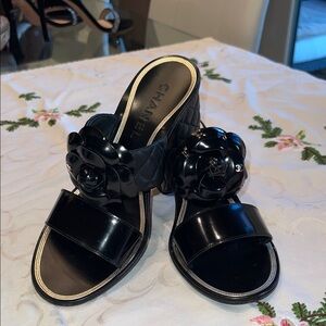 Chanel Camellia Quilted Block Heel Mules